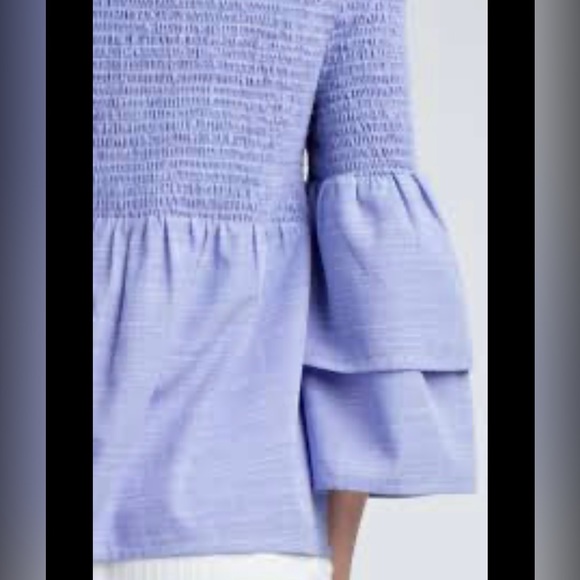 HONEY PUNCH SMOCKED OFF-THE-SHOULDER BELL SLEEVE TOP IN BLUE Size:Small - Picture 3 of 8